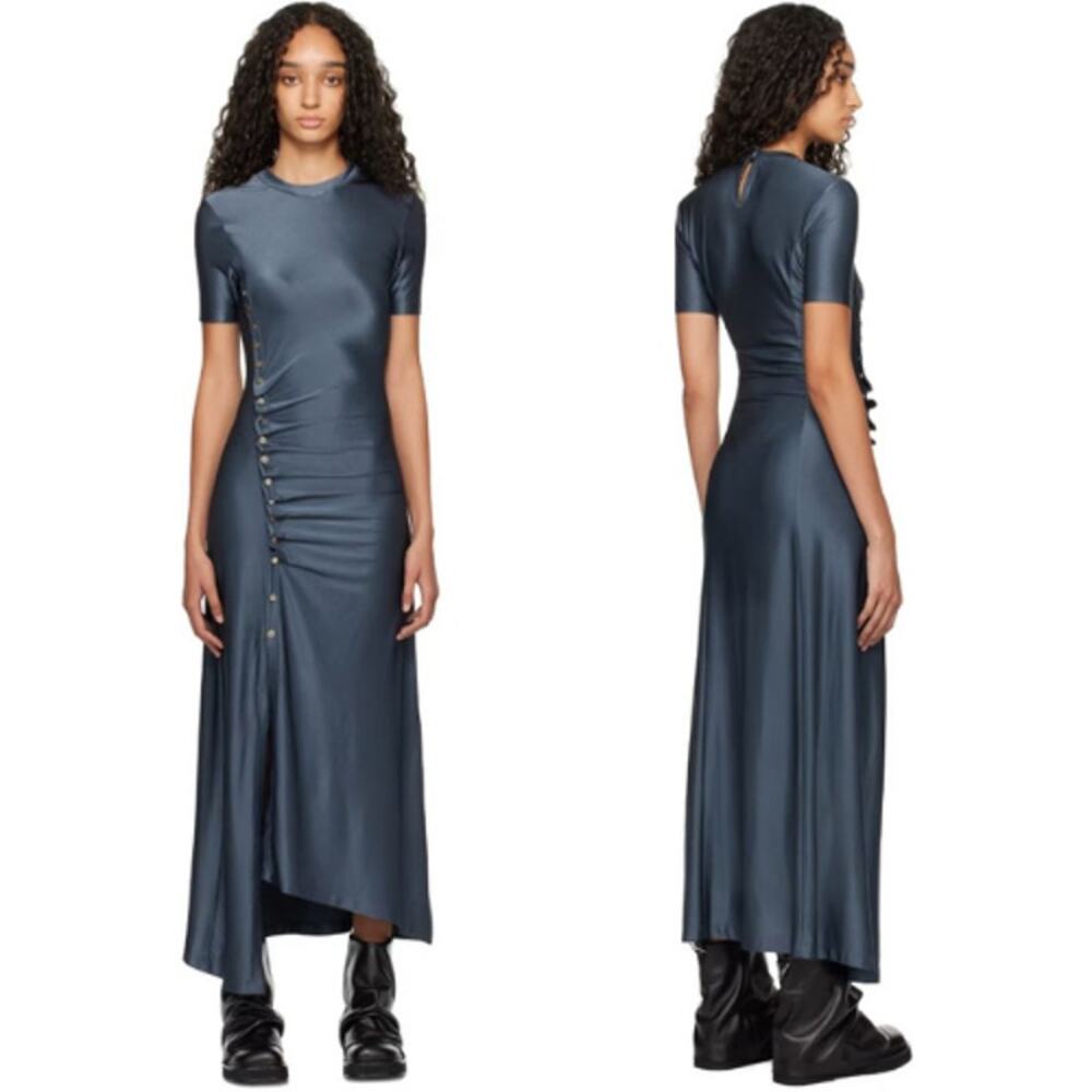 RABANNE | Draped Jersey Snap Button Midi Dress in Ardoise Steel Blue 42 / US 10